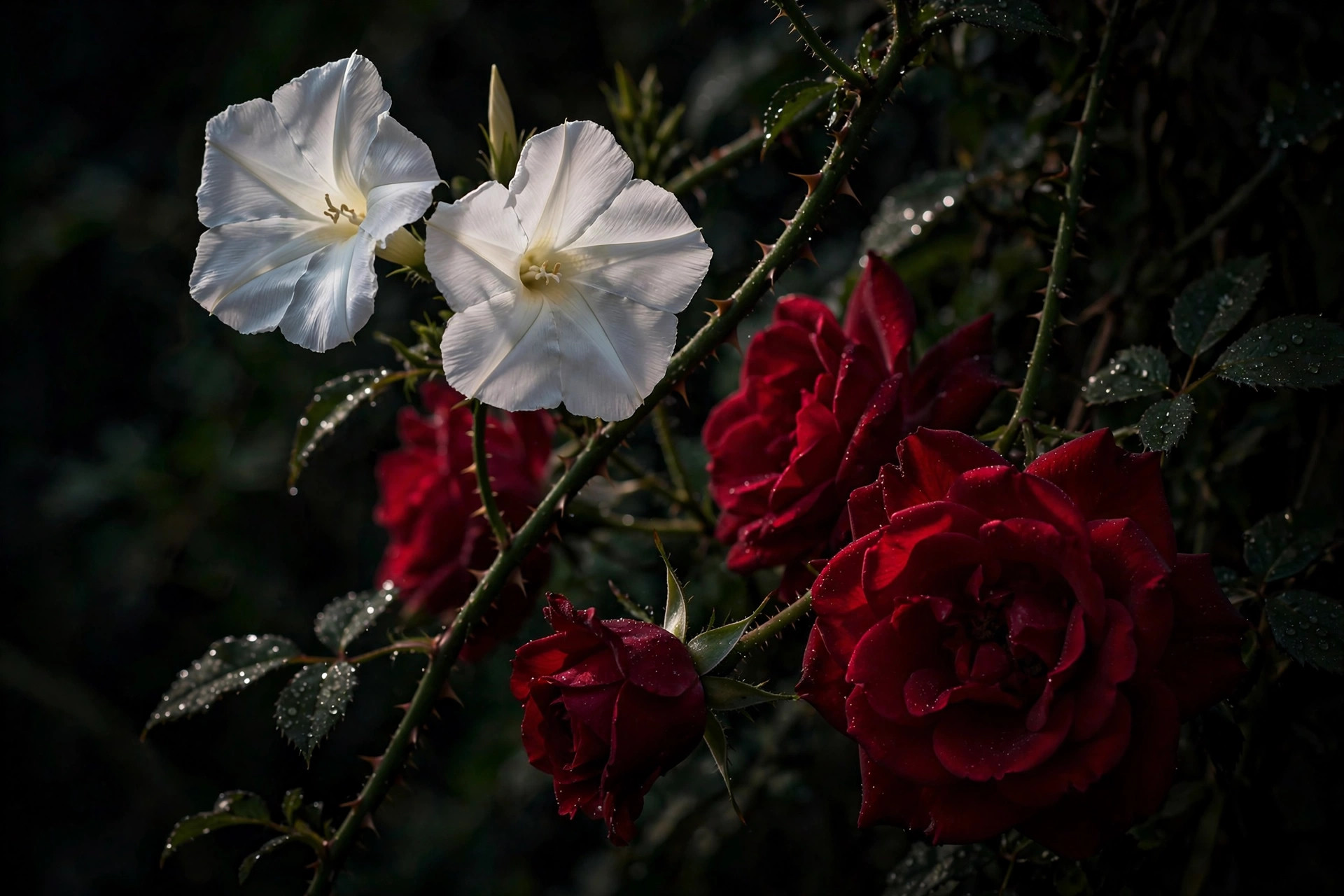 Moonflowers and deep red roses blooming in the dark